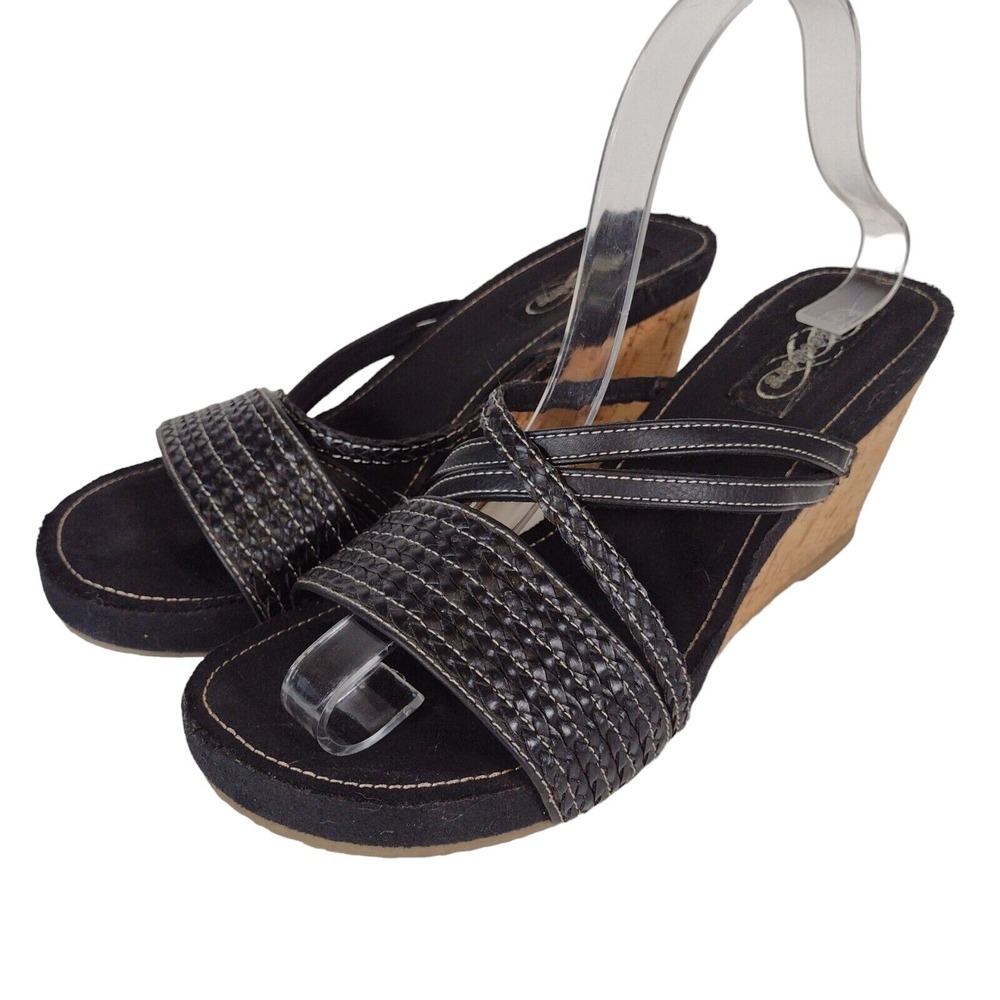 Skechers Womens 9 Comfort Black Cork Wedge Slip On Sandals‎ Read Measurements